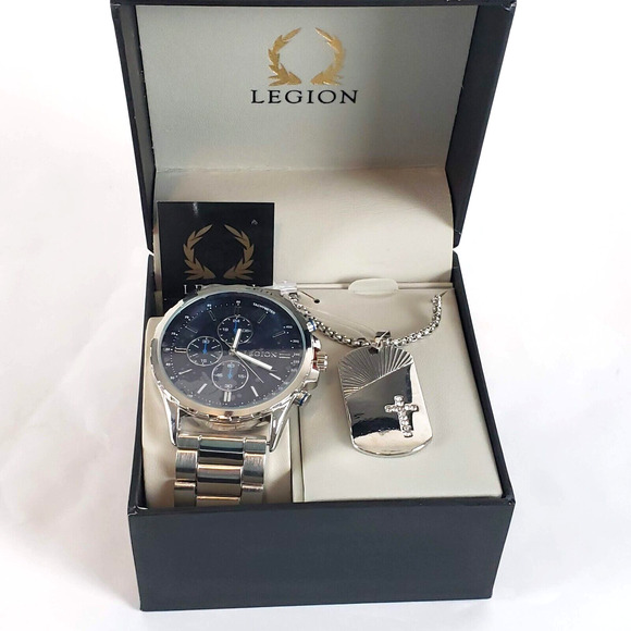NEW!! Legion Mens Tachymeter Silver Watch & Necklace 62639 Stainless Steel Back - Picture 9 of 9